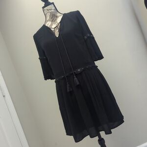 Simple Whimsical Black Peasant Bloussant Tassel Eyelet Dress Rebecca Minkoff Sml